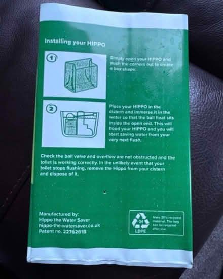 Photo of free Hippo The Water Saver Toilet Bag (Springfield CM1 6) #2