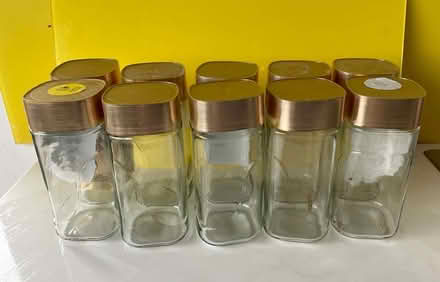 Photo of free 10 x Glass Coffee Jars with gold coloured lids (Heysham LA3) #1