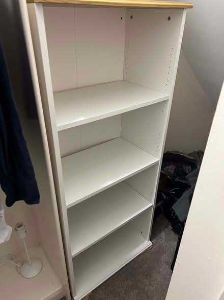 Photo of free Shelving unit (60 x 38 x 140 cm, 4x shelves, white wood) (Jericho OX1) #1