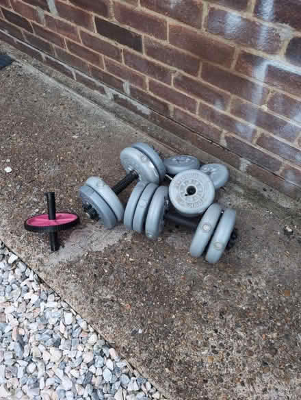Photo of free Old weights and an wheel (Hanworth) #1