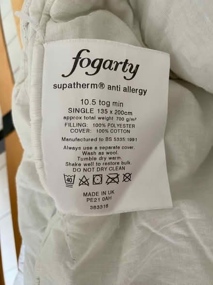 Photo of free Single Duvet Fogarty Supatherm Anti Allergy 10.5 tog (Kingston Bagpuize OX13) #1