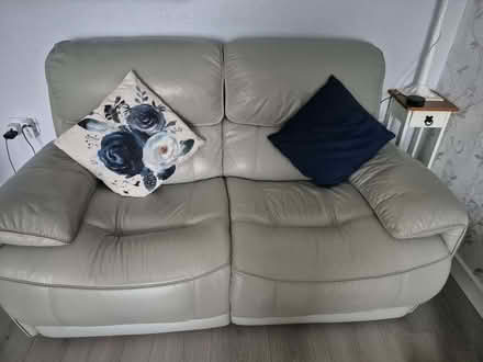 Photo of free 2 x 2 grey leather 2 seater sofas and a chair. T (Heysham LA3) #1