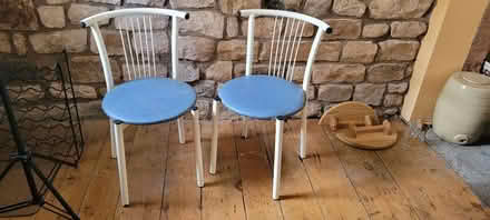 Photo of free Two metal kitchen chairs with blue vinyl seats (Central Lancaster LA1) #1