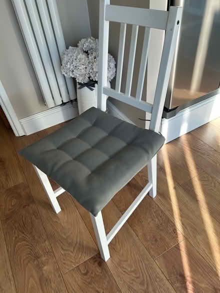 Photo of free White wooden chair with grey seat pad (Harold Wood RM3) #2