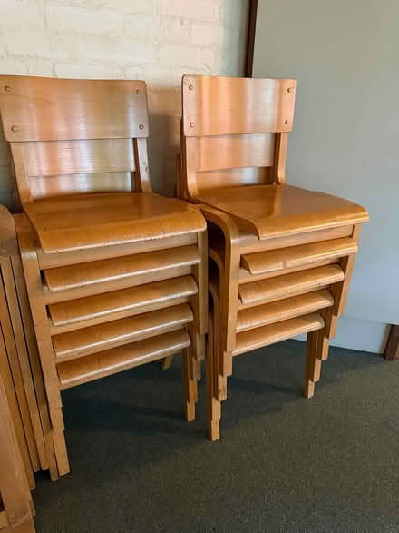 Photo of free 10 stacking wooden chairs (London, Barnes, SW13) #1