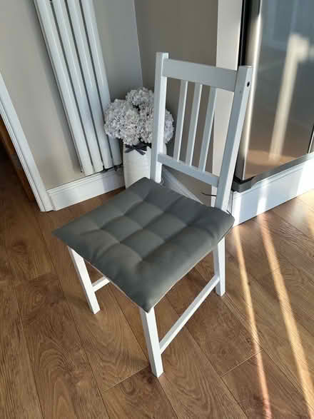 Photo of free White wooden chair with grey seat pad (Harold Wood RM3) #1