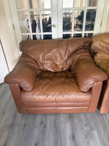 Photo of free Brown leather 3 seater, footstool plus 2 x armchairs (Chorley Moor PR7) #2