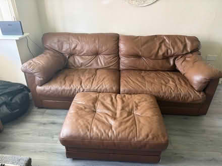 Photo of free Brown leather 3 seater, footstool plus 2 x armchairs (Chorley Moor PR7) #1