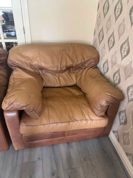 Photo of free Brown leather 3 seater, footstool plus 2 x armchairs (Chorley Moor PR7) #3
