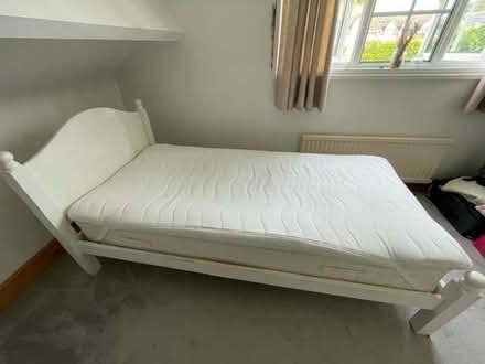 Photo of free Single bed frame, mattress & topper (Middlefield Farm OX28) #1
