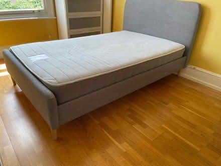 Photo of free ‘Small double’ upholstered bedframe & mattress by John Lewis (Upper Holloway N19) #1