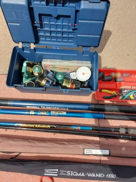 Photo of free 3 fishing rods, reels, rests, net, tackle box etc. (Hednesford WS12) #1