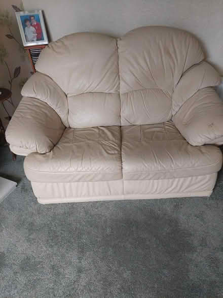 Photo of free 2 piece (3 seater, 2 seater, pouf) white leather sofa set (Fareham PO15) #1