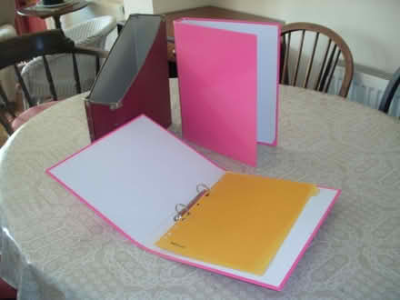 Photo of free Two pink ring binders and a ring binder storage box. (Portslade by Sea BN3) #1