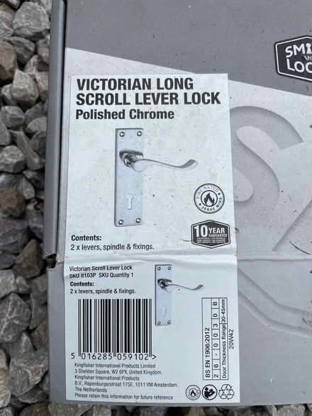 Photo of free Pair of door handles, all fittings and three hinges (Kents Bank LA11) #2
