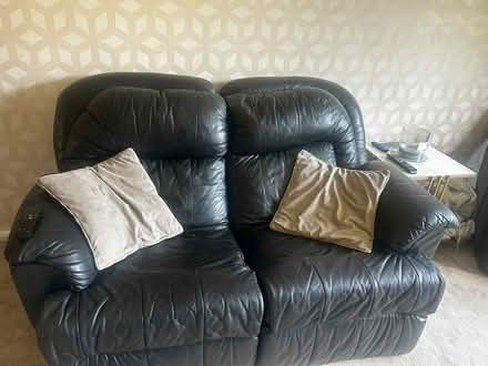 Photo of free Black leather reclining sofa/chairs (OL5 Mossley) #1