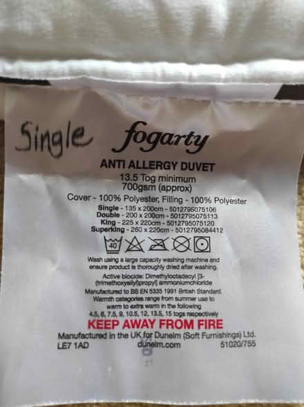 Photo of free Single Duvet 13.5 Tog (Buglawton CW12) #2