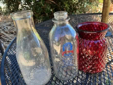 Photo of free 2 vintage milk bottles, red vase (south sunnyvale) #1