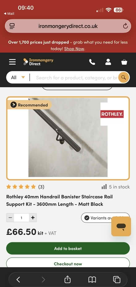 Photo of free New inbox Black metal handrail kit 3.6 m long (Barnes SW13) #1