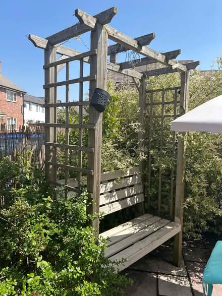 Photo of free Wooden gazebo with attached bench seating (Worthenbury LL13) #1