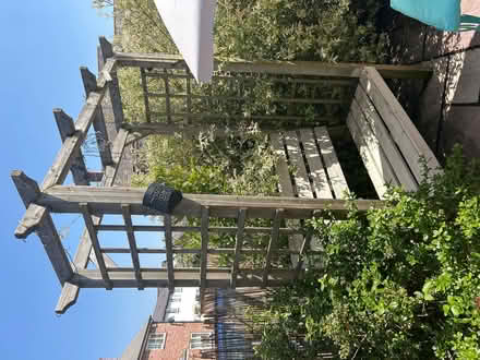 Photo of free Wooden gazebo with attached bench seating (Worthenbury LL13) #1