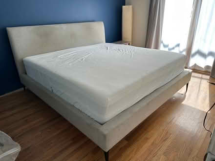 Photo of free West Elm Andes king bed w/ mattress (Iris and Jackpine) #1