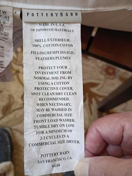 Photo of free Pottery Barn white duck pillow (west Roseville) #1