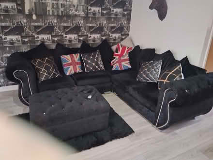 Photo of free Corner black sofa set with matching black pouffe (Attleborough NR17) #2