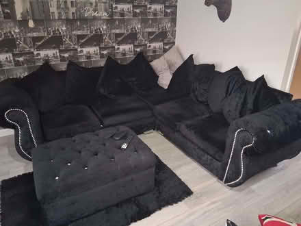 Photo of free Corner black sofa set with matching black pouffe (Attleborough NR17) #1