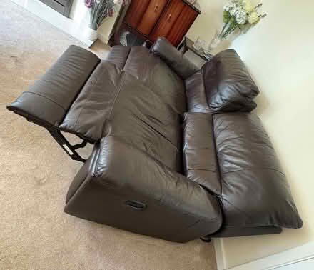 Photo of free Three seater brown leather sofa with motorised recliner x 2 (Sidley TN39) #4