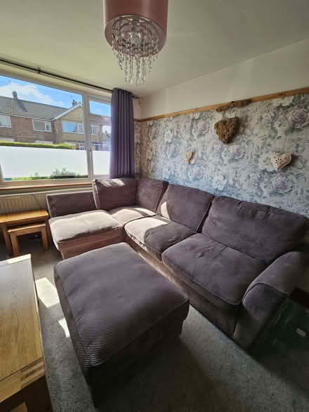 Photo of free Mid-Grey Corduroy Corner Sofa & Footstool | Oak Feet | (Rothley LE12) #1