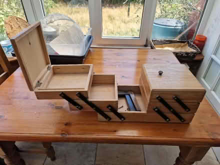 Photo of free Sewing box, wooden cantilever with legs (& screws) (California IP4) #1