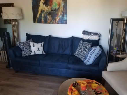 Photo of free Sofa sapphire blue faux suede 8' (Pleasnt Hill downtown area) #1