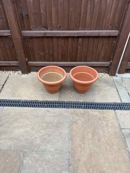 Photo of free Pair of plastic terracotta coloured pots (Poplars SG2) #1