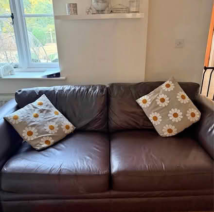 Photo of free Brown leather sofa in good condition. No rips or tears (Bucklesham IP10) #1