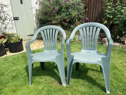 Photo of free 2 Green plastic garden chairs (Milton PO3) #1