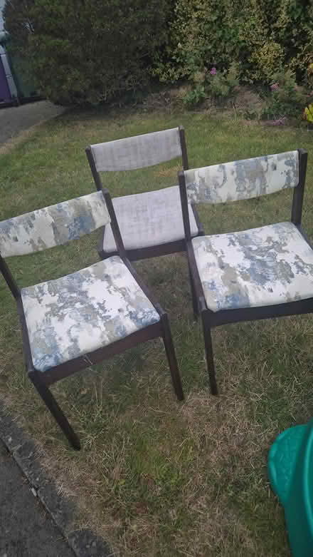 Photo of free 3 wooden chairs, upholstered (Bray.Meath Road) #1