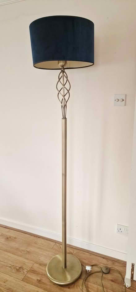 Photo of free Brass Floor Lamp with blue shade (Sundridge Park) #1