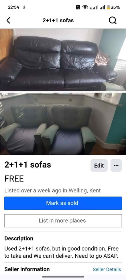 Photo of free 3 seater leather sofa + 2 arm chair fabric sofas (Welling DA16) #1