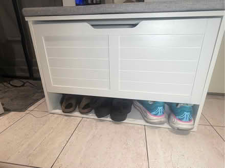 Photo of free White Wood Shoe Storage Bench with Grey Cushion (Bellingham SE6) #2