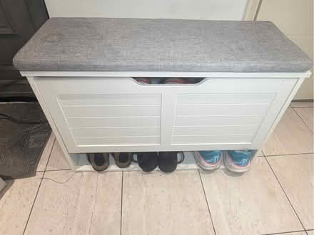 Photo of free White Wood Shoe Storage Bench with Grey Cushion (Bellingham SE6) #1