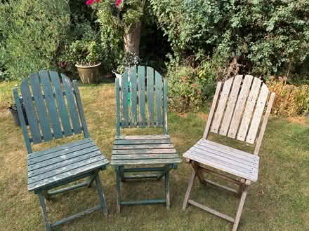 Photo of free 3 folding wooden garden chairs (Harrogate HG2) #1