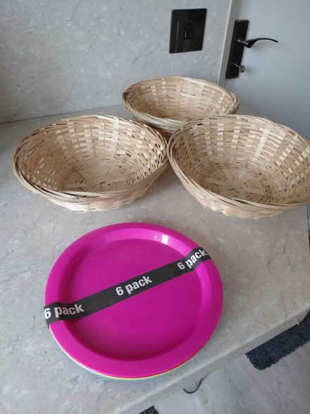 Photo of free 3 wicker baskets and 6 plastic plates. (Harvey Close BS22) #1