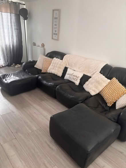 Photo of free Black leather sofa and footstools (Leeds Village ME17) #3