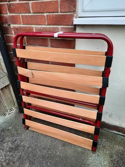 Photo of free Folding metal camp bed with wooden slats (one broken) (Stanley Gate L39) #2