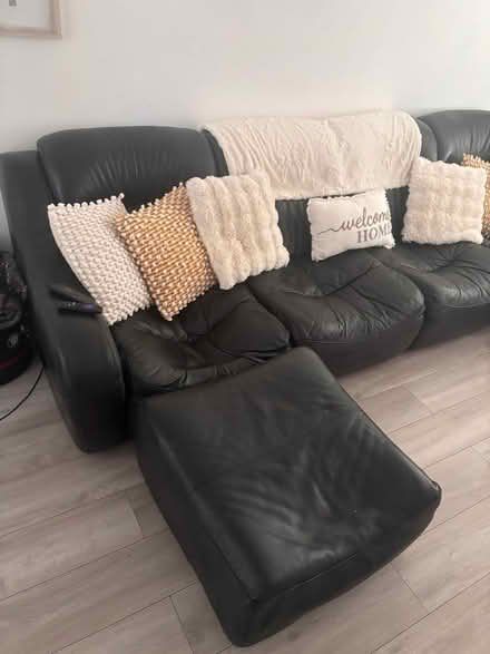 Photo of free Black leather sofa and footstools (Leeds Village ME17) #1