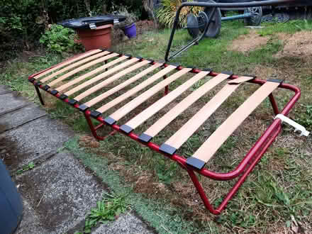 Photo of free Folding metal camp bed with wooden slats (one broken) (Stanley Gate L39) #1