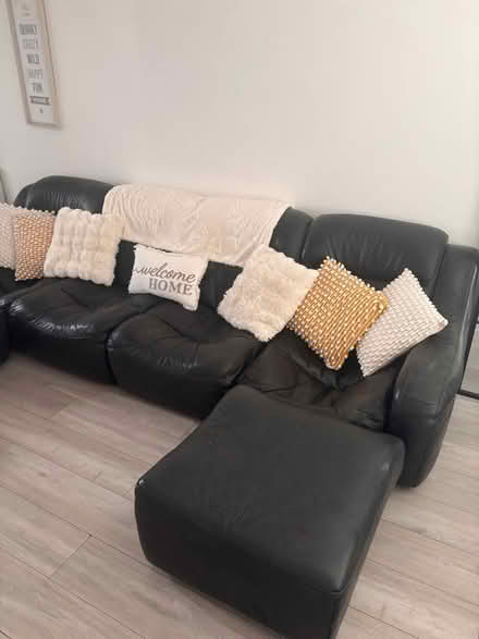 Photo of free Black leather sofa and footstools (Leeds Village ME17) #2