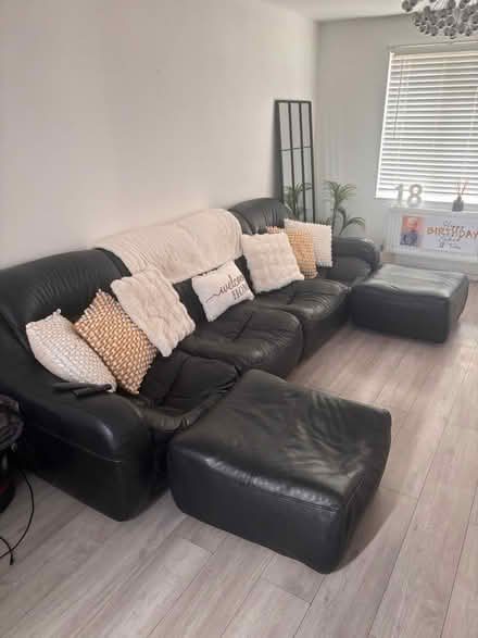 Photo of free Black leather sofa and footstools (Leeds Village ME17) #4