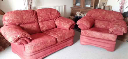 Photo of free 2 seater sofa and armchair colour rust red (East Pennard BA4) #1